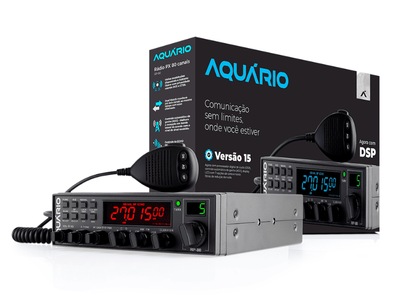 Rádio PX Aquário de 80 canais com microfone, posicionado em frente à embalagem do produto, destacando o modelo RP-80.